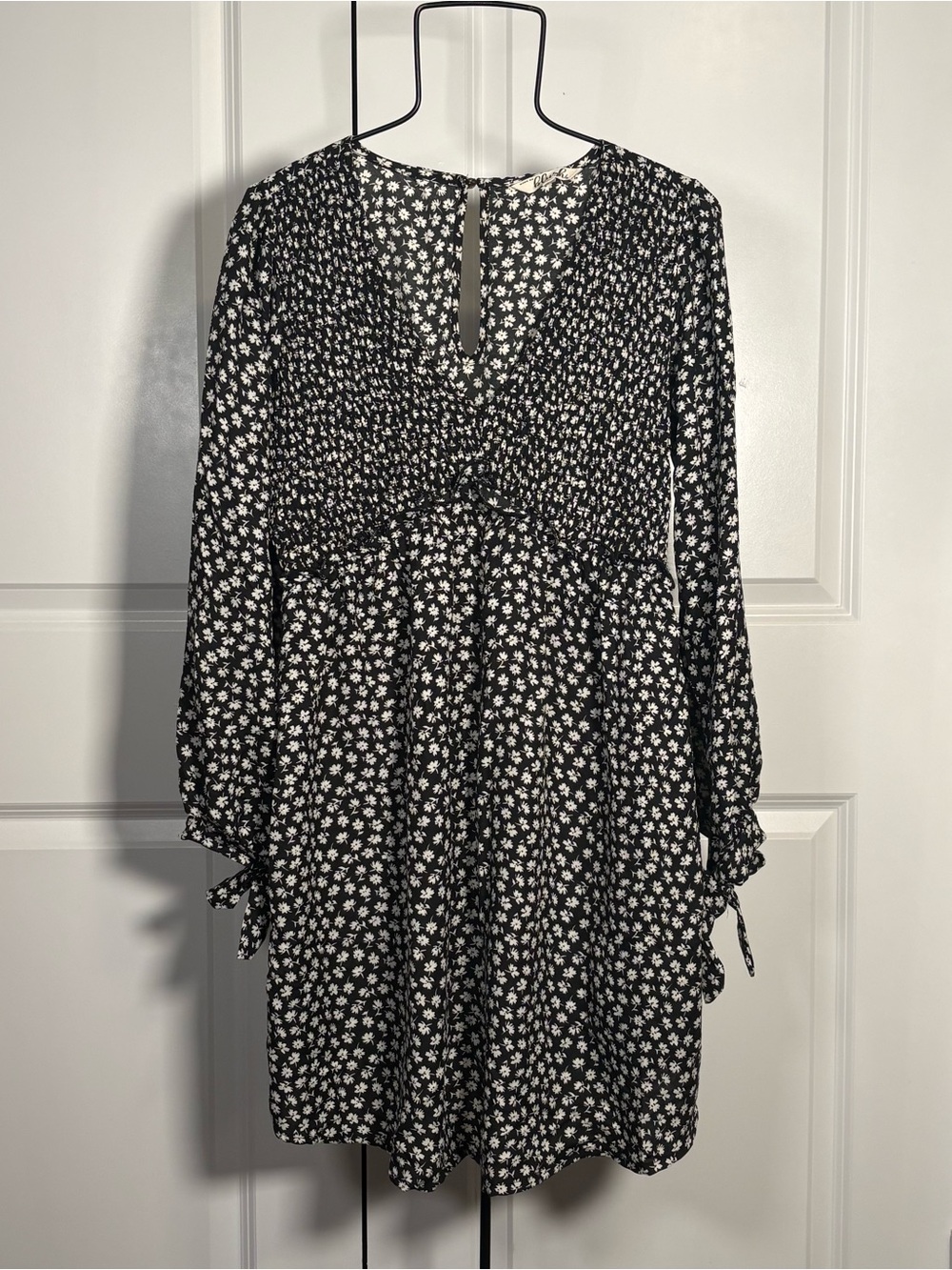 Blush Black and White Floral Long-Sleeve Mini Dress Baby Doll Neckline